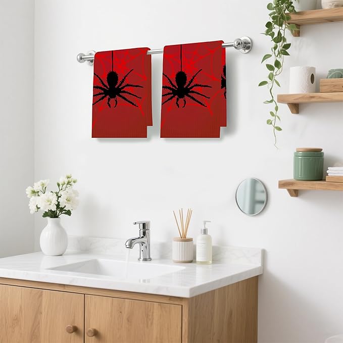 Red Spider and Spider Web Hand Towels,Set of 2 Absorbent Bath Towel Kitchen Dish Towel Home Gym Hotel Bathroom Decor,16x24 Inches