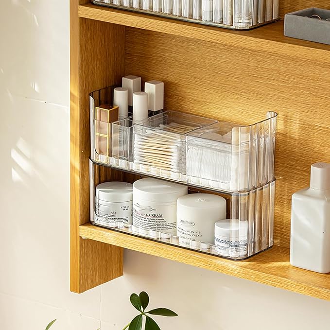 2-Tier Stackable Medicine Cabinet Organizer Shelves, Clear | Makeup Storage with Lipstick Holders, Cotton Swab Holder, Shelf Trays for Bathroom Cabinet, Counter, Vanity