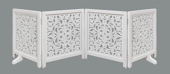 Lightnpro 4-Panel Wooden Dog Gate with Stopper – 72 Inch Extra-Wide Foldable Freestanding Pet Barrier, Antique White Indoor Safety Fence for Small Dogs & Puppies – 24x18 Inch Panels