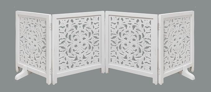 Lightnpro 4-Panel Wooden Dog Gate with Stopper – 72 Inch Extra-Wide Foldable Freestanding Pet Barrier, Antique White Indoor Safety Fence for Small Dogs & Puppies – 24x18 Inch Panels