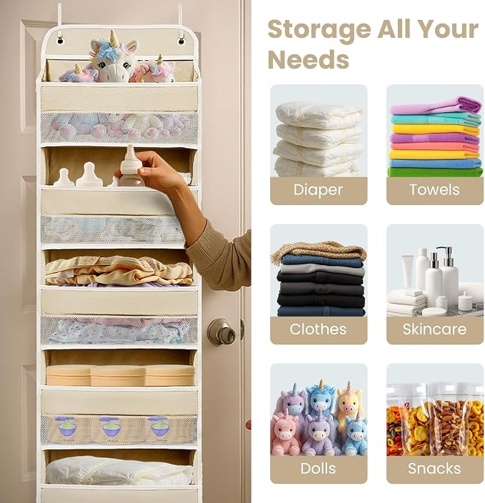 Space Saving Over The Door Organizer,5 Shelves & 8 Side Pockets,Anti Tilt Hanging Behind Door Storage,Heavy-Duty Reinforced Mesh Rack Holds 44lb for Bathroom,Pantry, Nursery,Closet, Shoes, Towels