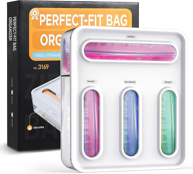 OUTXE Bag Organizer for Drawer + Fridge, Magnetic Kitchen Baggie Storage | Pantry Organization for Ziplock Plastic Food Bags | Compatible with Snack Sandwich Quart Gallon (White) | Pantry Organization for Ziplock Plastic Food Bags | Compatible with Sna...