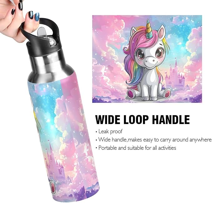 Cute Unicorn Rainbow Castle Water Bottle with Straw Lid Kids Insulated Stainless Steel Water Flask Sports, 20 Oz Hot Cold