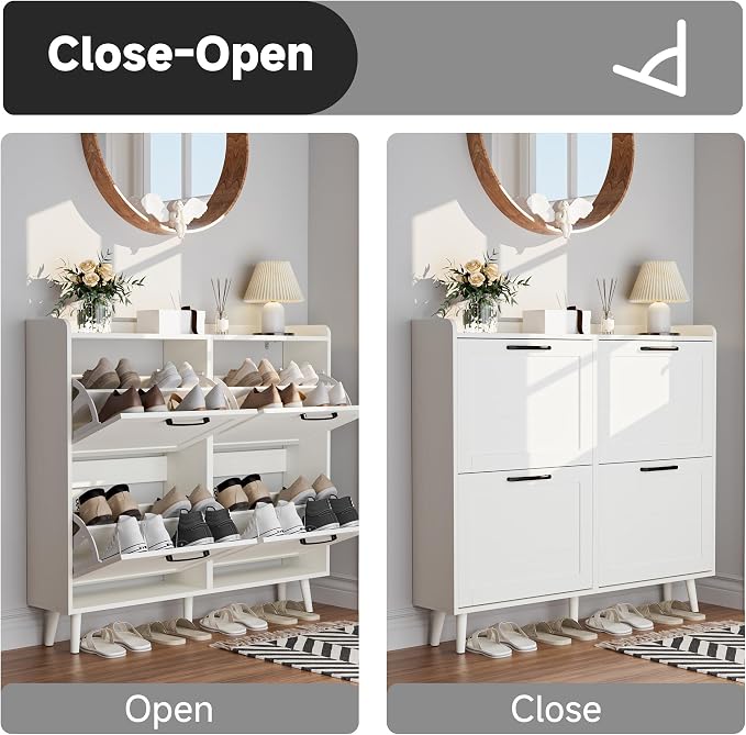 Shoe Storage Cabinet with 4 Flip Drawers, Freestanding Shoe Organizer with Adjustable Shelf & Anti-Tipping Device, Hidden Shoe Rack for Entryway, Hallway, Foyer, Lounge（White）