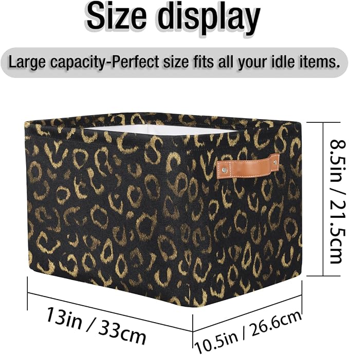 Pardick Black Gold Leopard Basket Storage Bins Large Fabric Toys Storage Cube Box with Handles Collapsible Closet Shelf Cloth Organizer Basket for Nursery Bedroom Bathroom Holiday Gift