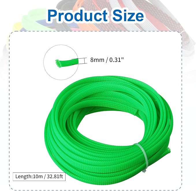 Heyiarbeit 10m/32.8ft PET Expandable Braid Cable Sleeving Flexible Wire Mesh Sleeve Fluorescent Green 8mm