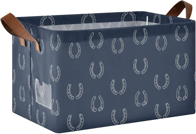 Navy Blue Bg Simple Horseshoe Storage Basket Foldable Cube Storage Bins with Handles&Label Waterproof Collapsible Organizer Box Bin Large Rectangle Decorative Baskets for Shelves Home Room Laundry