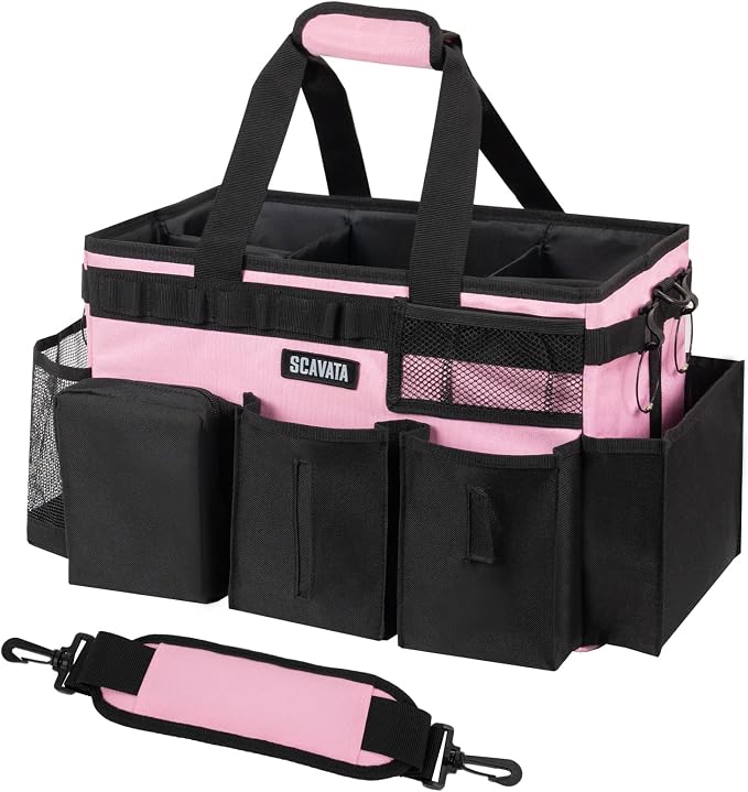 SCAVATA Wearable Cleaning Caddy Bag, Cleaning Caddy Supplies Organizer with Handle & Shoulder Straps for Housekeepers, Under Sink & Car Cleaning Tool Organizers with 4 Foldable Divider (SweetPink)