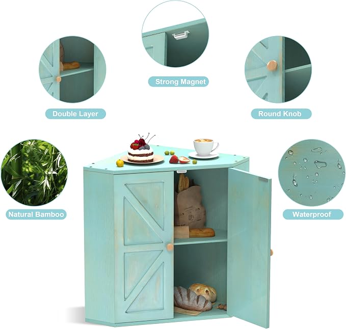 Trironsun Corner Bread Box for Kitchen Counter Double Layer Bamboo Bread Storage Container Large Capacity Bread Storage Bin Farmhouse Breadbox Organizer (Antique Blue)