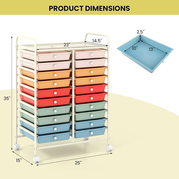 20 Drawer Rolling Storage Cart, Art Cart Organizer with Wheels for Makeup, Tool, Paper, Multipurpose Craft Storage Cart with Drawers for Office, Home, Classroom, School (Macaron Color)