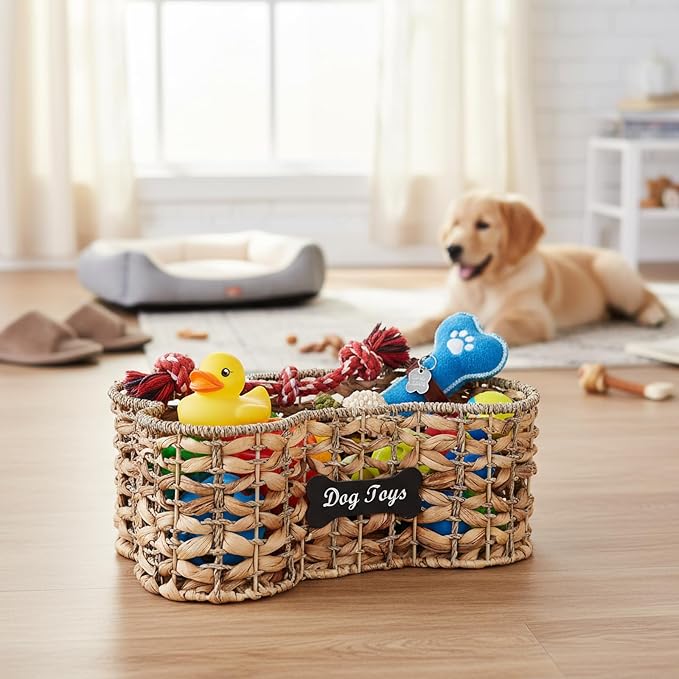 Handmade Wicker Baskets for Dog Toys,Bone Shaped Dogs Toy Bin with Wire Frame,Dog Toy Boxes for Living Room,Farmhouse Pet Stuff Organizer