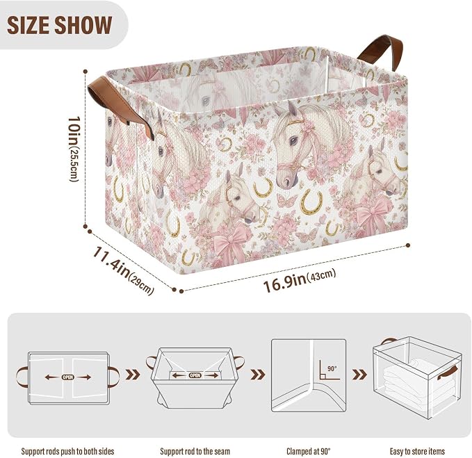Girly Pink Bow and Floral Horse Storage Basket Foldable Cube Storage Bins with Handles&Labels Waterproof Organizer Box Bin Large Rectangle Decorative Baskets for Shelves Home Living Room Closet-2 Pack