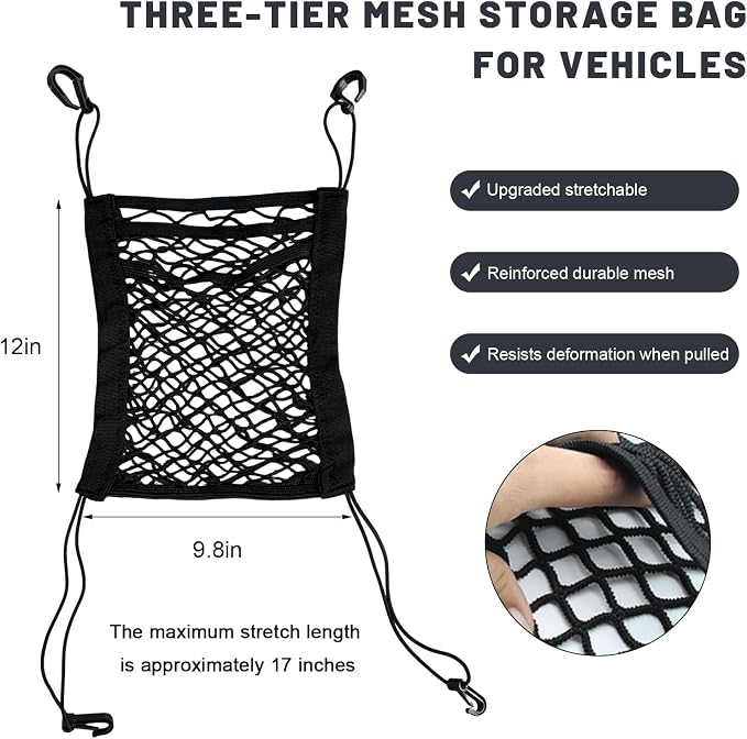 3-Layer Car Mesh Organizer, Stretchable Auto Seat Back Net Bag Safety Barrier, Elastic Mesh Storage Organizer Front Seat Pet Divider for Cars SUVs Trucks, Car Accessories
