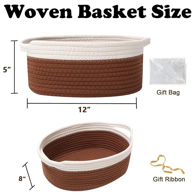 Woven Rope Basket - Baby Gift Basket with Bag & Ribbon, White&Brown | Cotton rope with handle, 12 x 8 x 5 in, gift bag and ribbon, for baby shower, birthday, toy storage, nursery, shelf decor