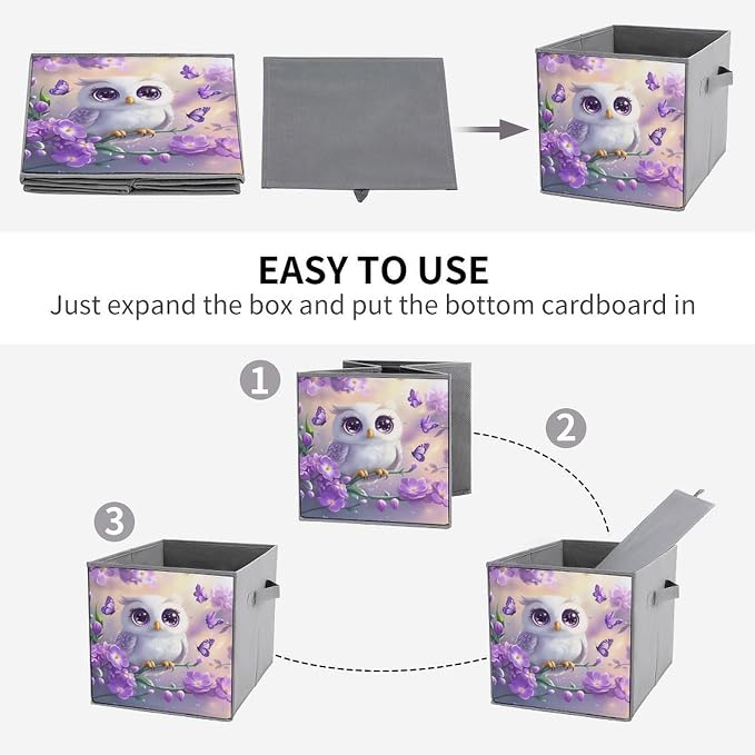 Owl Foldable Storage Bins, 10.6" Cube Storage Organizer, Sturdy Oxford Cloth Fabric Baskets for Closet, Shelf, Nursery, Bedroom, Decorative Printed Box for Toys & Clothes