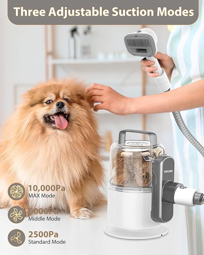 Dog Vacuum Grooming Kit for Shedding: Professional Hair Clippers Pet Groomer - Strong Suction Cleaner Deshedding Tool Fur Brush Attachment Trimmer for Home Cat (Pale White)