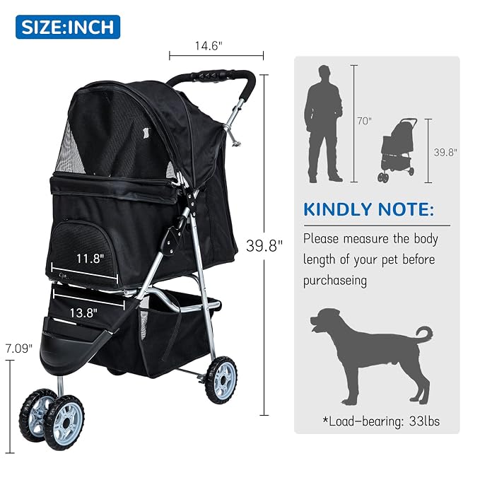 BLKMTY 3 Wheels Dog Stroller, Foldable Stroller for Cat, Dogs Waterproof Travel Carrier Strolling Cart for Puppy Small Dog Jogger Strollers W/Cup Holder & Storage Basket, Black