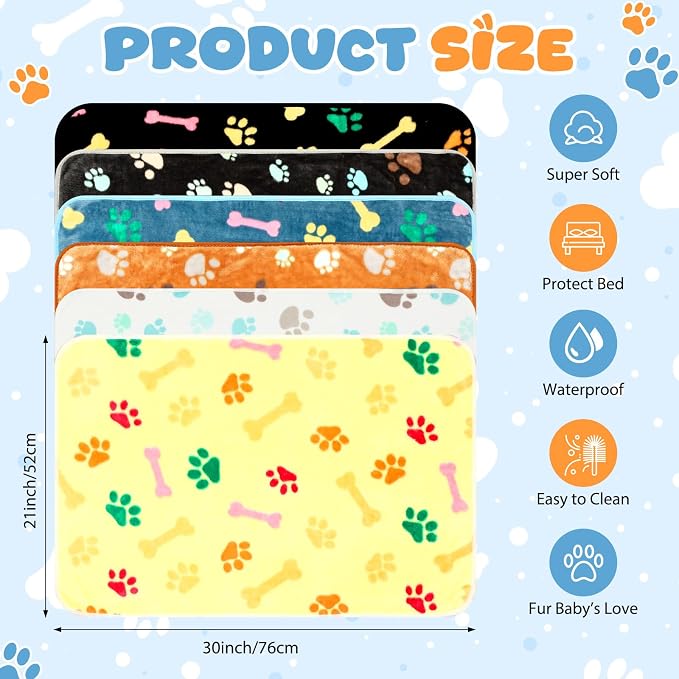 Tegeme 6 Pcs Waterproof Dog Blanket 30 x 20 Inch Paw Print Pet Blanket for Dogs Cats Puppy Washable Soft Fluffy Fleece Rug Flannel Throw Warm Sleep Mat for Kitten Doggy