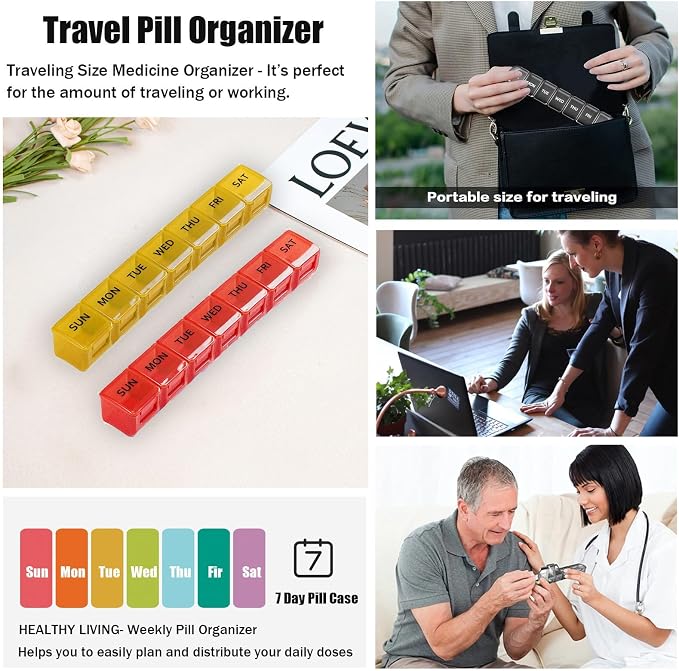 2 Pack Weekly Pill Organizer, Large 7 Day Travel Pill Case (Orange & Red) | Daily Vitamin Case Medicine Box, AM/PM Pill Containers Twice a Day for Medicine Supplements Fish Oil, Portable & Durable
