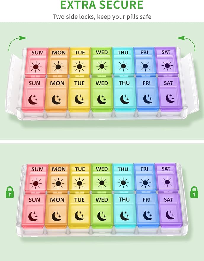 Weekly Pill Organizer 2 Times a Day Extra Large 7 Day Easy Fill Quick Fill Portable Fullicon AM PM Pill Box for Supplement, vitamine, and Medicine - (Patent Registered) (Pack of 2)