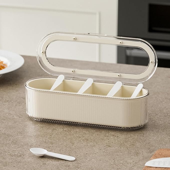 4 Dividers Condiment Pot with 4 Spoons, PP and PET Container Condiment Box | Clear Lid, Store Salt, Sugar, Pepper Powder, Cinnamon Powder, Cumin Powder, Parsley Flakes