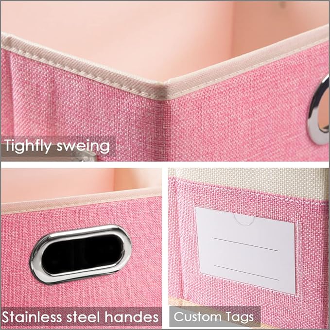 Large Collapsible Storage Bins with Lids [3-Pack] Fabric Foldable Storage Boxes Organizer Containers Baskets Cube with Cover for Home Bedroom Closet Office Pink&Cream(17.7x11.8x11.8)