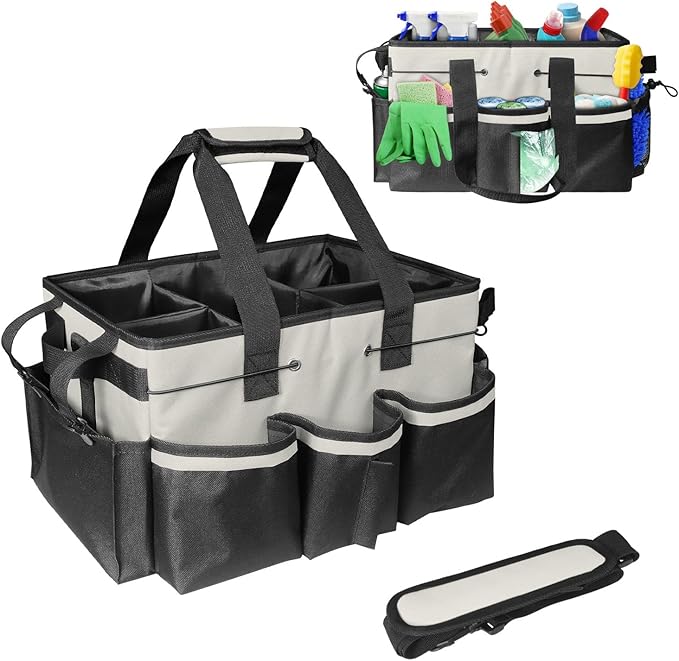 Boczif Cleaning Caddy Bag Wearable,Cleaning Caddy Supplies Organizer(White) | with Handle, Shoulder Straps & Detachable Divide, Cleaning Tool Organizers Tote Bag for Cleaners & Housekeepers