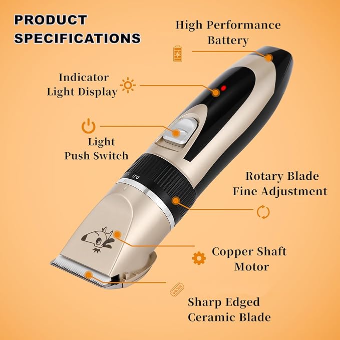 Aovdy Dog Clippers Grooming Kit, Low Noise with Rechargeable, Pet Shaver Cordless Electric Quiet Hair Thick Coats Clippers Trimmers Set for Dogs Cats Rabbit Pets (Gold)