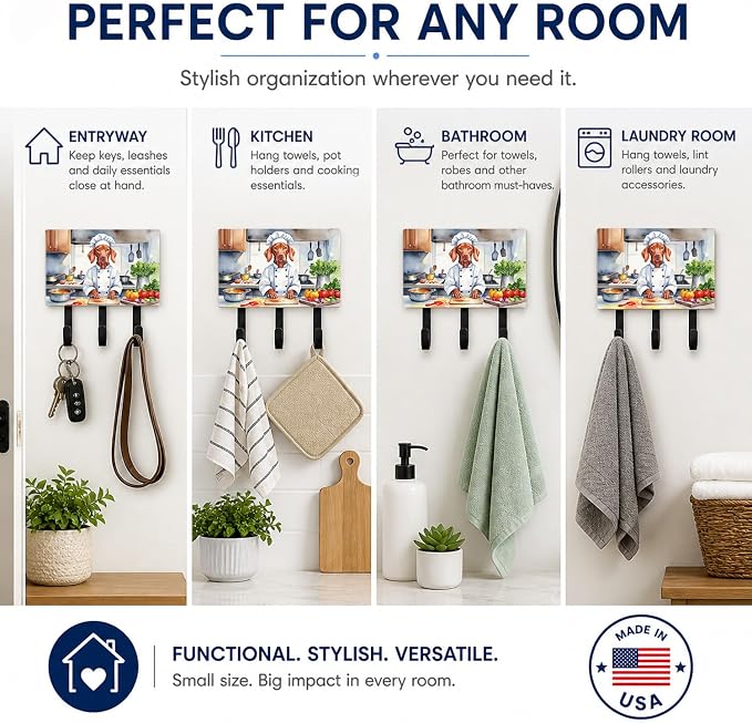 Caroline's Treasures Vizsla The Chef Leash or Key Holder Wall Hooks, Key Hooks Holder, Coat Rack Wall Mount, Coat Hooks, Hooks for Hanging Keys, Towels, Aprons, Leashes | Vizsla The Chef artwork on ceramic tile with three steel hooks for keys, leashes,...