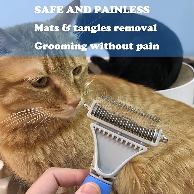 Pet Dematting Comb - 2 Sided Undercoat Rake for Cats & Dogs - Safe Grooming Tool for Easy Mats & Tangles Removing - Medium and Long Haired Cats Dogs Brush for Shedding