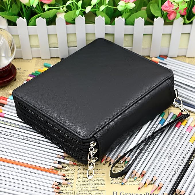 BTSKY Deluxe PU Leather Pencil Case For Colored Pencils - 120 Slot Pencil Holder with Handle Strap Handy Colored Pencil Box Large(Black) | Pencil Holder with Handle Strap Handy Colored Pencil Box Large for Artists, Adults Coloring, Sketching, Drawing