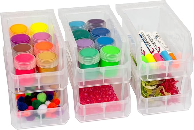 Small Stackable Plastic Storage Bins, 12-Pack, Clear | Open-Front Stackable Bins For Garage, Pantry, Closet & Office, 7"L X 4"W X 3"H, Nests When Empty, Durable Plastic