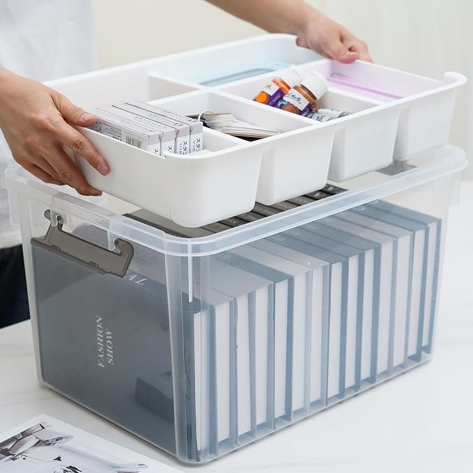 Citylife 32QT 4Packs Clear Craft Organizers and Storage Box with Tray | Stackable Art Supply Organizer Storage Bins with Lids for Beads, Markers, Sewing, Tools, Clothes, Files, Office Supplies