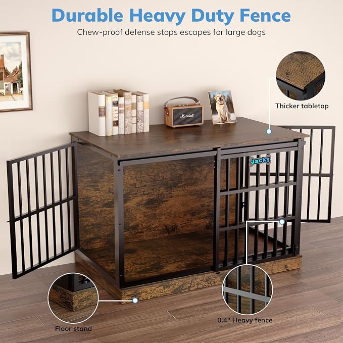 Petrova 47" Dog Crate Furniture for Large/Medium Dogs, Heavy Duty Dog Kennel Indoor with Name Tag, Wooden Dog Cage with Sliding Barn Door, Decorate House as TV Stand, End Table, Brown