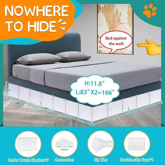14 Pack Under Bed & Couch Blocker for Pets and Toys - 166" Length, 11.8" Height for One Side of Queen Bed | Includes Sticky Tape, Connectors & Zip Ties - White