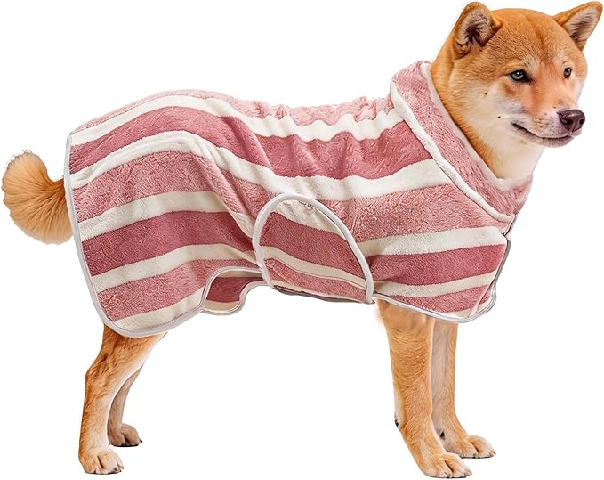 Fast Drying Dog Bath Robe, Super Absorbent Stripes Dogs Towel, Adjustable Warm Keeping Pet Puppy Bath Supplies (Red, M)