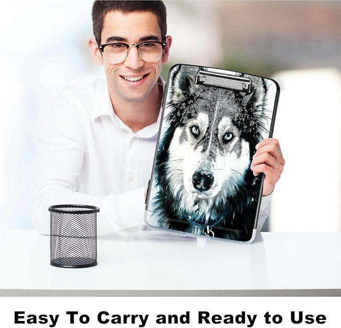 A4 Clipboard with Storage Pen Holder, Clipboards Organizer Nursing Clipboard Foldable File Folder Plastic Clipboard Folio Clip Board for Office Work Classroom Doctor, Huskies in Snow