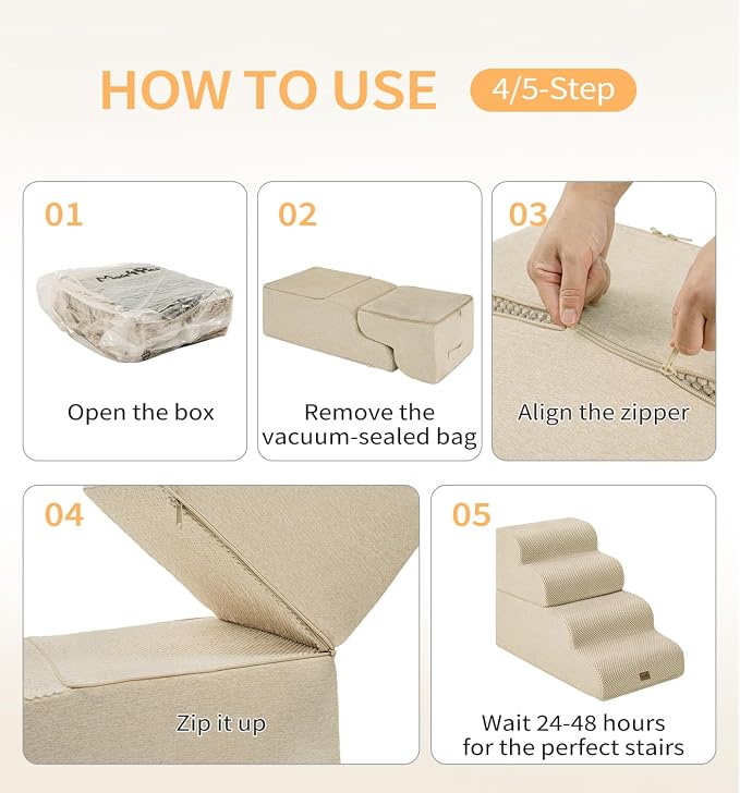 Made4Pets Dog Stairs Ramp for Bed 19.7" H, 4-Step Dog Steps for High Bed Couch Sofa Climbing, 35D Foam Pet Steps for Small Dogs and Cats, Non-Slip Bottom Pet Stairs, Beige