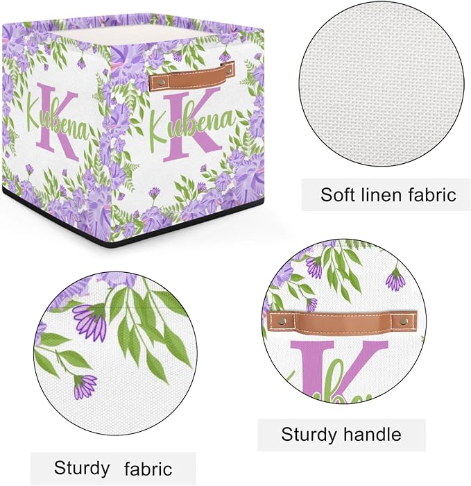 Personalized Initial-Name Purple Flower Storage Baskets for Girls Women, Custom Portable Square Storage Bins with Handles Foldable Organizer for Clothes, Toys, Blanket, Towel,Pet 13”