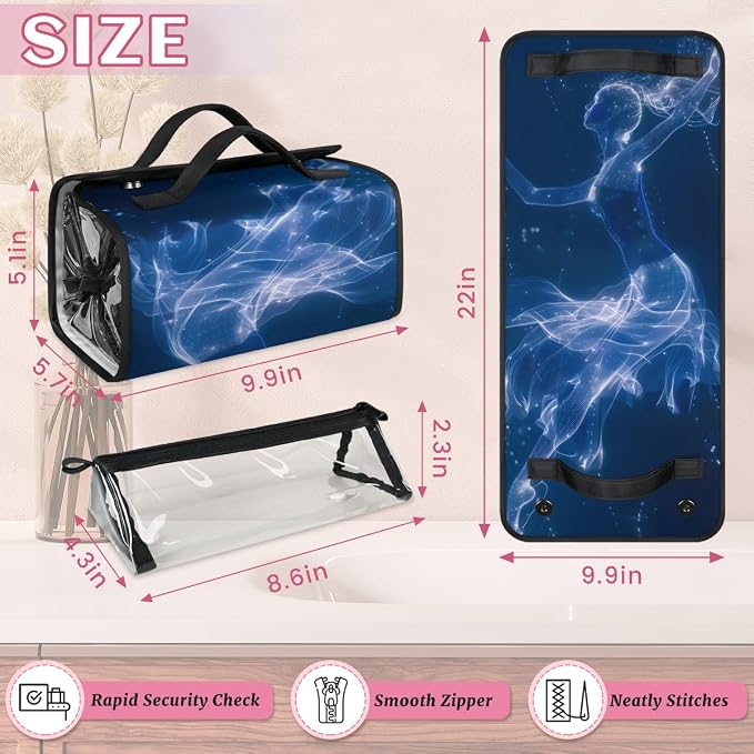 Ballerina Makeup Bag for Women Hanging Roll-Up Travel Organizer Toiletry Kit with 4 Removable Compartments, Art