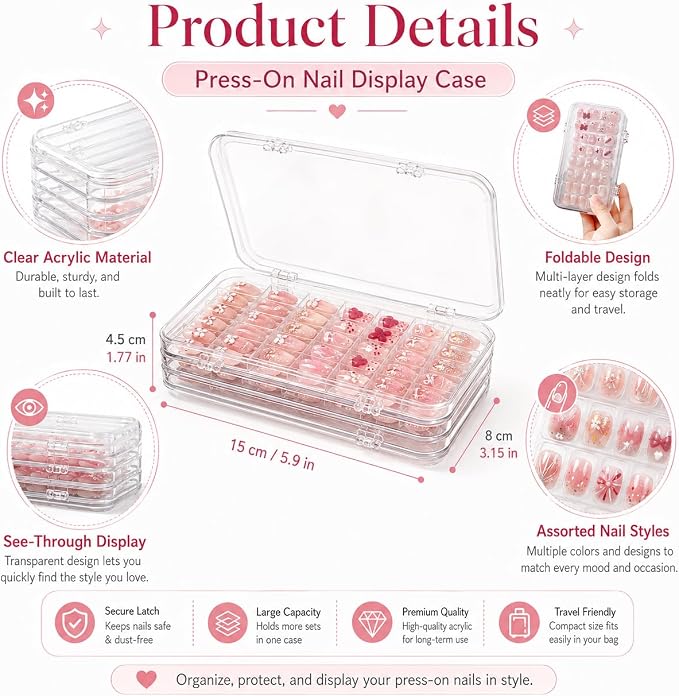 Tri-Fold Press On Nail Organizer Case | 4-Page Portable Storage Box for Fake Nails, Clear PET Plastic Travel Holder (6×3.2×1.8 inch)