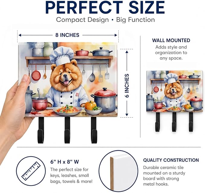 Caroline's Treasures Chow Chow The Chef Leash or Key Holder Wall Hooks, Key Hooks Holder, Coat Rack Wall Mount, Coat Hooks, Hooks for Hanging Keys, Towels, Aprons, Leashes | Chow Chow The Chef artwork on ceramic tile with three steel hooks for keys, le...