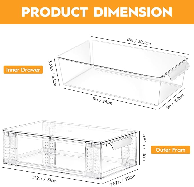 4 Pack Clear Stackable Storage Drawers, 3.95" H Easily Assemble Acrylic Organizer Bins - Multi-Use for Make up, Closet, Pantry, Bathroom, Medicine, Kitchen Cabinet & Undersink Organization