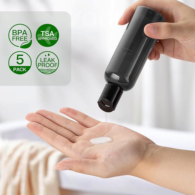 Travel Bottles for Toiletries, 3.4 oz Travel Size Containers, 5pcs, Black | Squeezable empty plastic bottles, TSA approved, leak proof, with labels, for liquids & shampoo lotion, gym essentials