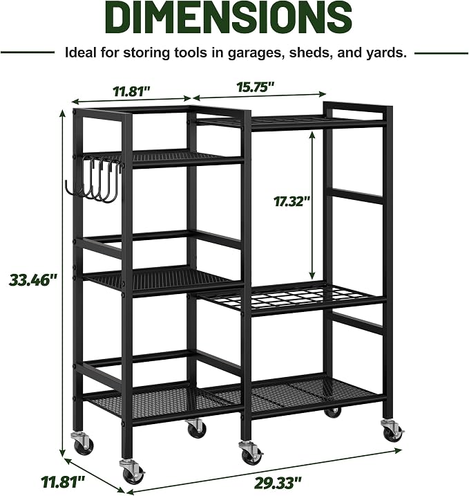 keomaisyto Garden Tool Organizer with 6 Industrial Wheels & Large Hooks | Rolling Yard Tool Storage Rack with 35 Slots, Heavy Duty Garden Tool Holder with Shelves for Garage, Shed, Outdoor Lawn