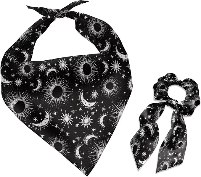 COEQINE Christmas Dog Bandanas Bulk for Small Medium Large Dogs Bandana with Bow Hair Ties for Owner Black Gothic Stars Moon Pattern Holiday Costume for Pet and Adult Costume