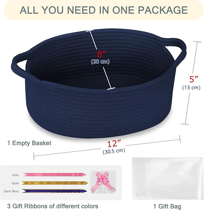 COMSE Empty Small Gift Basket with Bag & Ribbons, Navy Blue | Cotton Rope, 12"x 8"x 5", Baby Toy Organizer, Stores Small Items for Bedrooms, Nurseries, Bathrooms, Living Rooms, Offices