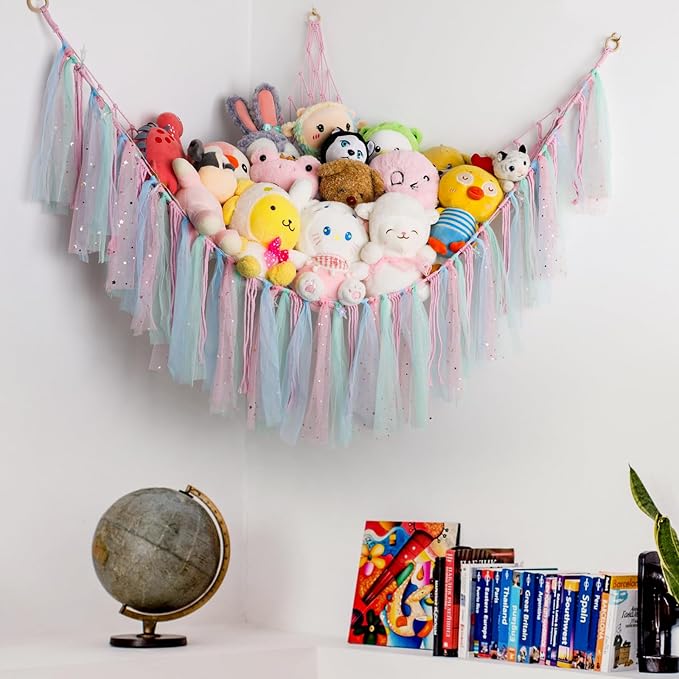 Stuffed Animal Hammock with LED Lights - 59 Inch Large Toy Storage Net for Kids Bedroom, Wall-Mounted Plush Organizer with Wooden Rings, Nursery Decor (Handwoven, Pink)