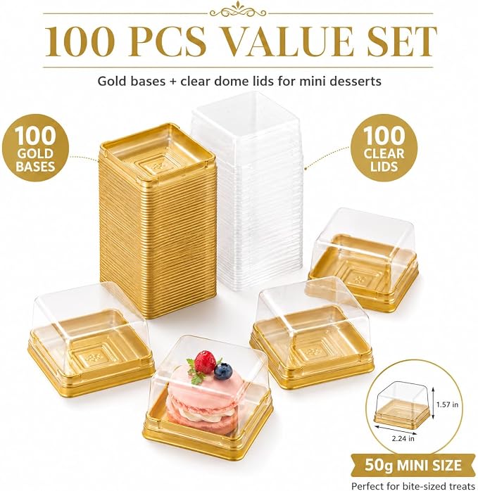 DOITOOL 100 Pcs Mini Cake Containers 2.24 Inch Mooncake Packaging Boxes | Individual cupcake containers with clear lids, gold plastic flan dessert dome for macarons muffins cookies wedding birthday