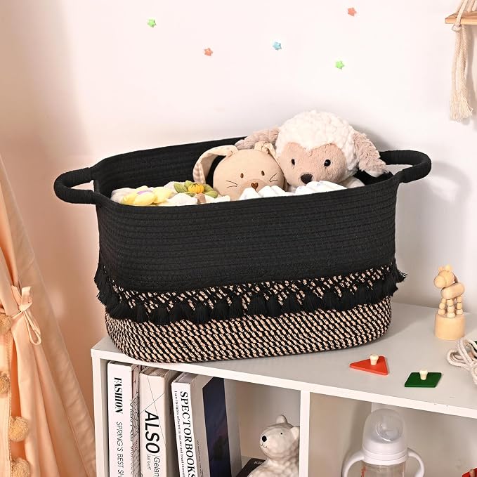 2 Pack Storage Basket for Shelves, Boho Cotton Rope Storage Bins with Heavy Tassel, Shelf Baskets Large Woven Baskets for Organizing, Cube Organizer Bins, Baby Laundry Basket for Clothes, Toys, Pets